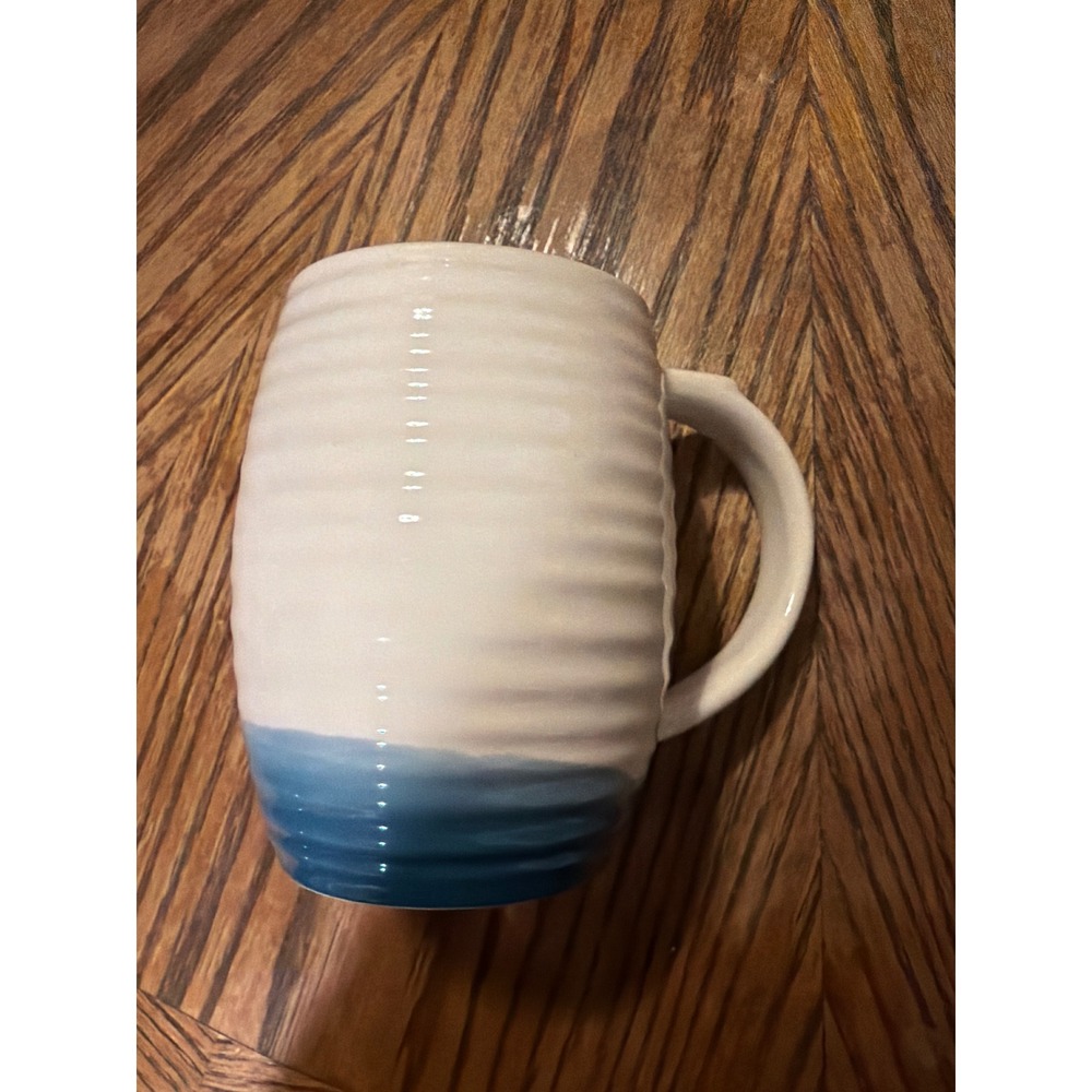 Ribbed Stoneware Coffee Mug Blue Cream Two Tone Glaze Coastal Farmhouse Pottery